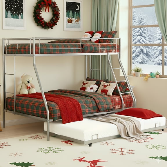 Metal Twin Over Full Bunk Beds with Trundle Bed, UHOMEPRO Metal Bunk Beds for Teens Teens Adults with Side Ladders, Twin Over Full Size Bunkbed Frame, No Box Spring Needed, CPC Certification, Silver