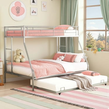 Metal Twin Over Full Bunk Beds with Trundle Bed, UHOMEPRO Metal Bunk Beds for Kids Teens Adults with Side Ladders, Twin Over Full Size Bunkbed Frame, No Box Spring Needed, CPC Certification, Silver