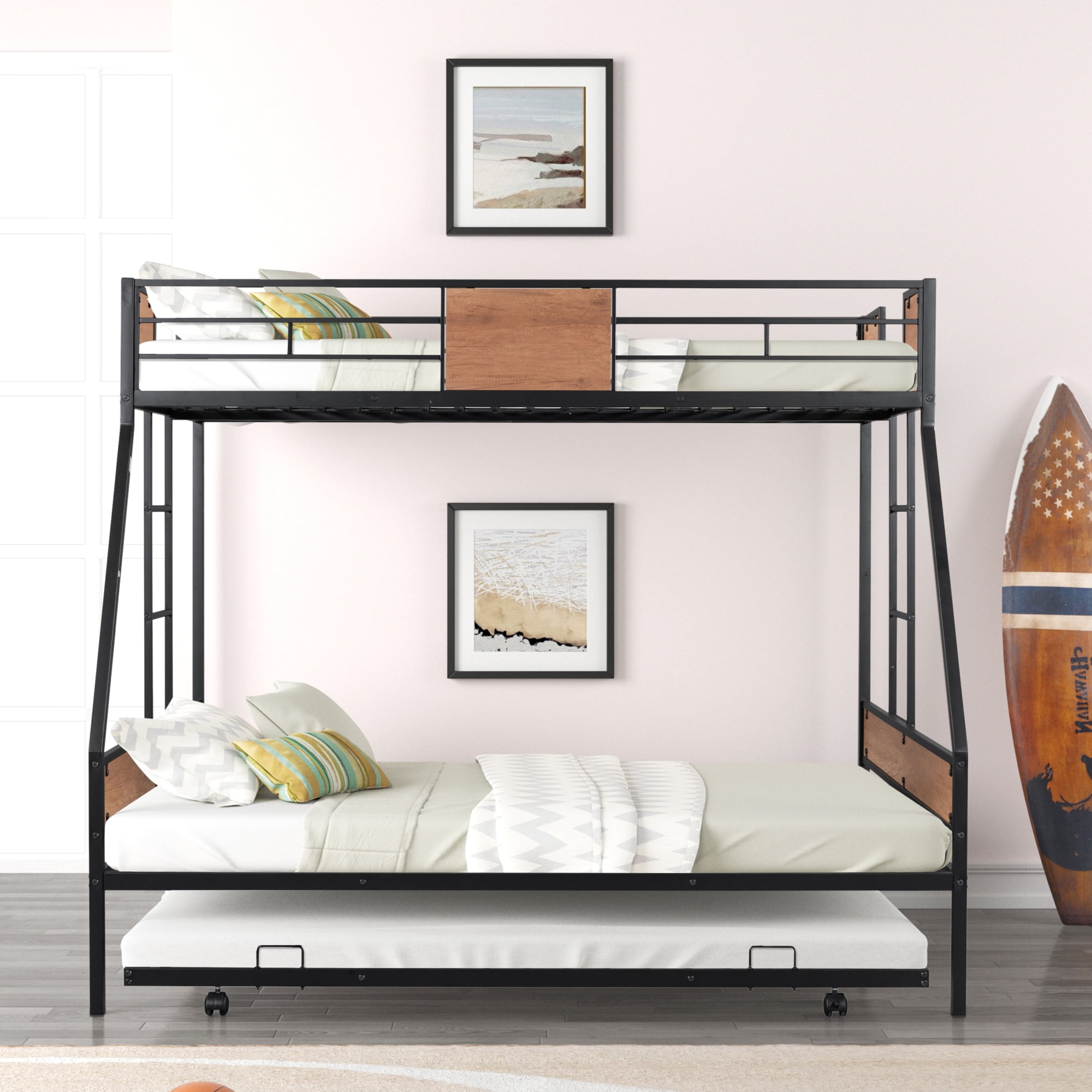 Metal Twin Over Full Bunk Beds with Trundle Bed,Twin Bunk Beds for Kids Adults Teens,Heavy-duty Metal Bunk Bed for Three with Safety Guard Rail and Ladders,Space-Saving Bunk Bed for Boys, Girls, Kids