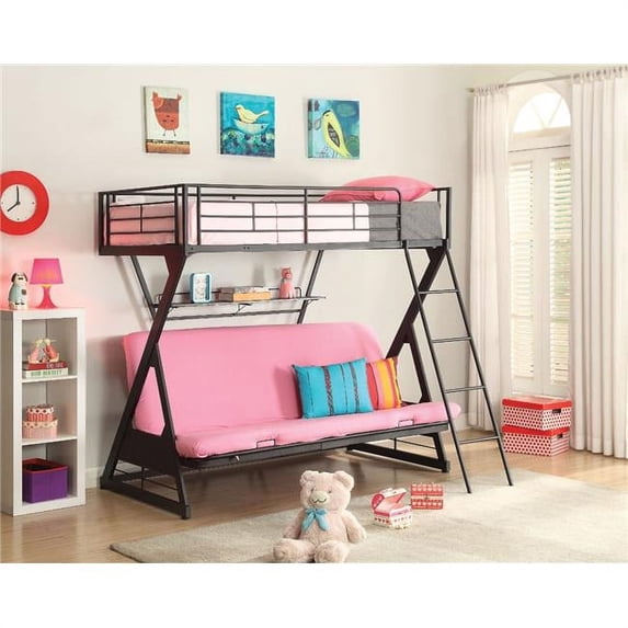 Metal Twin & Full & Futon Bunk Bed with Bookshelf, Sandy Black