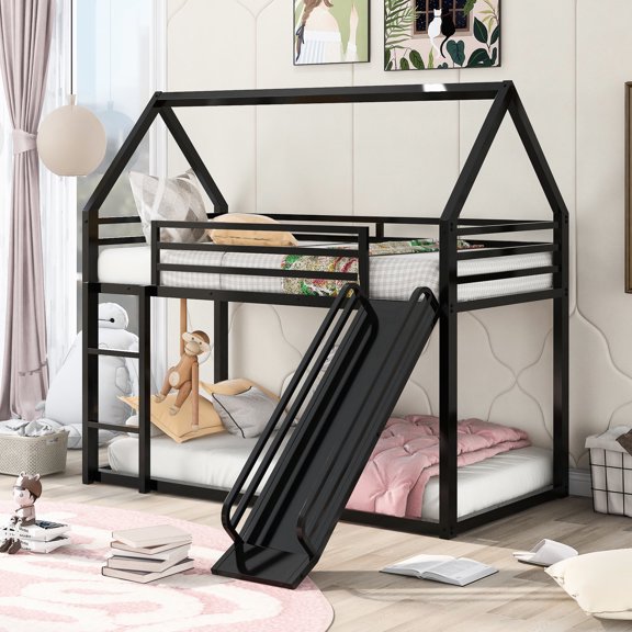 Metal Twin House Bunk Bed with Convertible Ladder | Durable, Fun for Sleep and Play