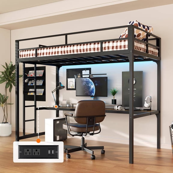 Metal Twin Loft Bed with Desk, Built-in Power Outlets and USB Ports, Safety Guardrail and Ladder, No Box Spring Needed, Space-Saving Design, Black