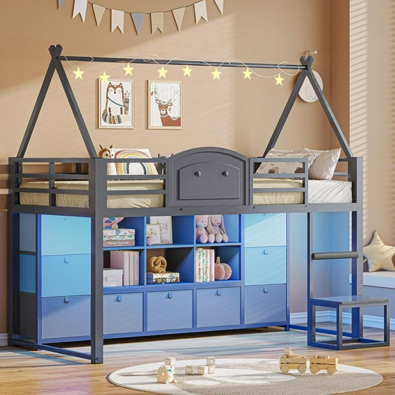 Twin Size Low Loft Bed with 9 Storage Drawers, Bookcase and LED Lights, House-Shaped Metal Twin Loft Bed with Step Stool and Safety Guardrail, Loft Bed with Under-Bed Play Space, White