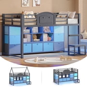 Twin Size Low Loft Bed with 9 Storage Drawers, Bookcase and LED Lights, House-Shaped Metal Twin Loft Bed with Step Stool and Safety Guardrail, Loft Bed with Under-Bed Play Space, Grey