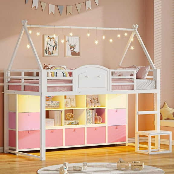 Twin Size Low Loft Bed with 9 Storage Drawers, Bookcase and LED Lights, House-Shaped Metal Twin Loft Bed with Step Stool and Safety Guardrail, Loft Bed with Under-Bed Play Space, White