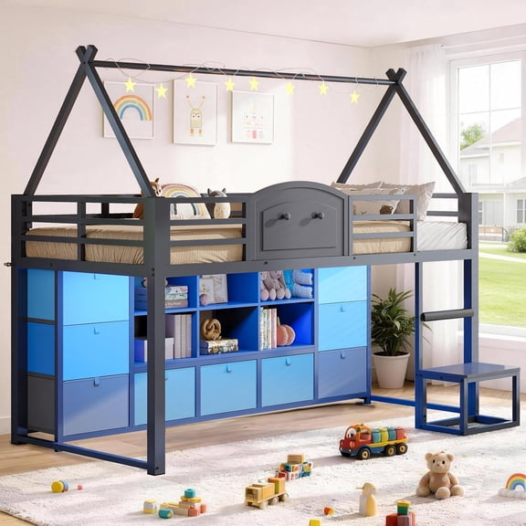 Twin Size Low Loft Bed with 9 Storage Drawers, Bookcase and LED Lights, House-Shaped Metal Twin Loft Bed with Step Stool and Safety Guardrail, Loft Bed with Under-Bed Play Space, White