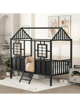 Metal Twin Low Loft Bed with House-Shaped Roof and Window for Kids, Black