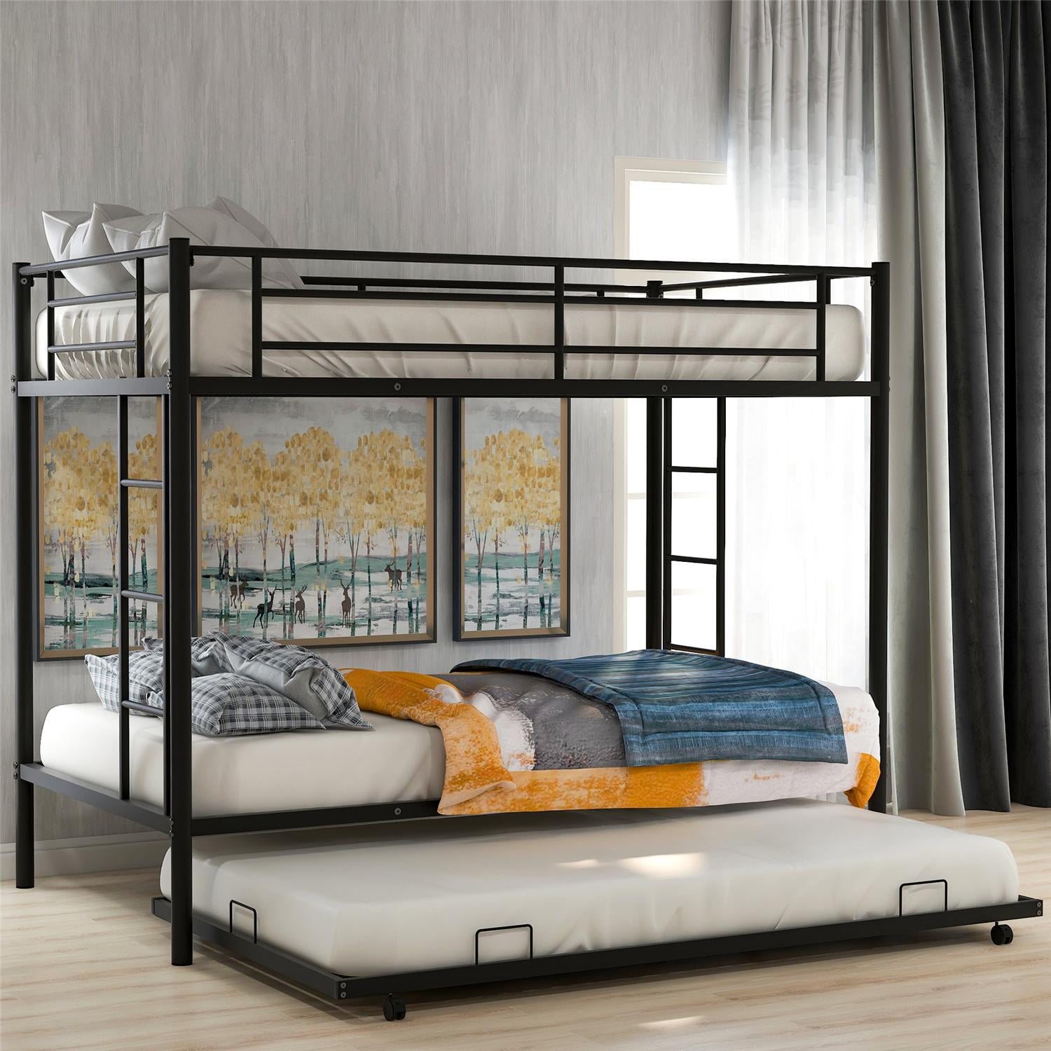Metal Twin Over Twin Bunk Bed with Roll Out Trundle for Kids Teens