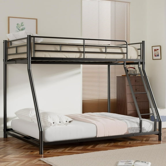 Metal Twin Over Full Bunk Bed, Heavy Duty Bunk Beds with Safety Guardrail and Ladder, Noise Reduction, No Box Spring Needed, Black