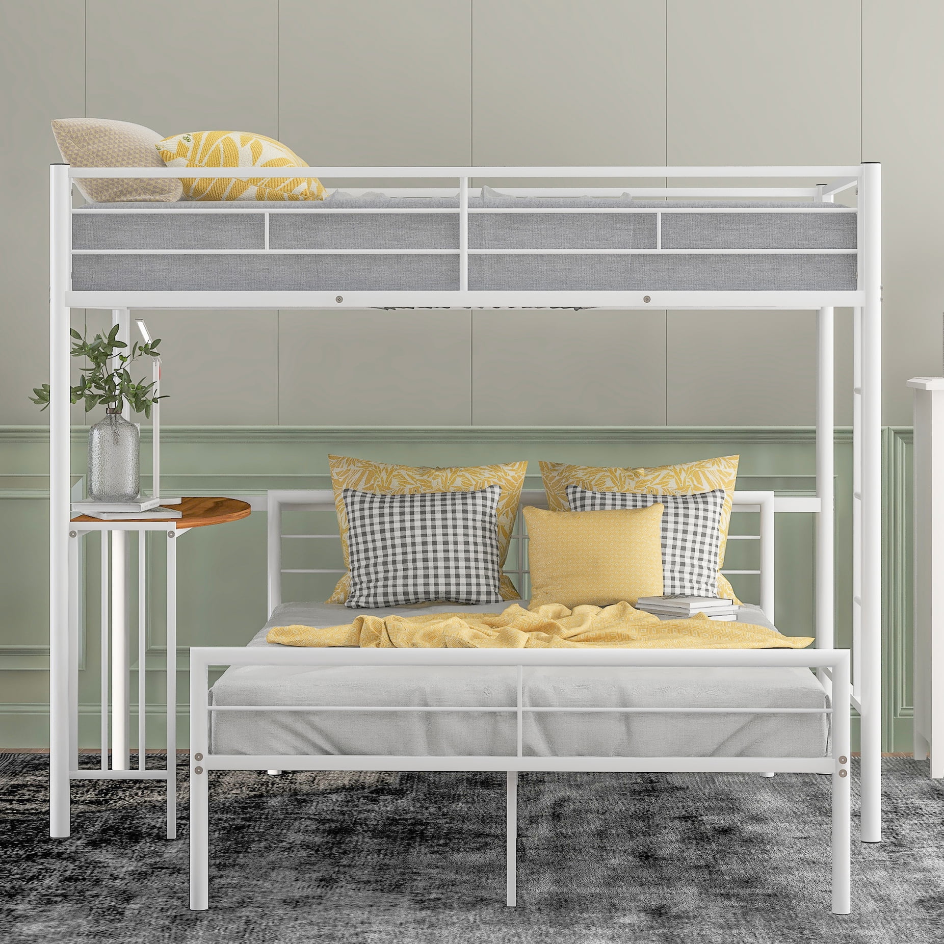 Metal Twin Over Full Bunk Bed With Desk & In Metallic White, Robust For ...
