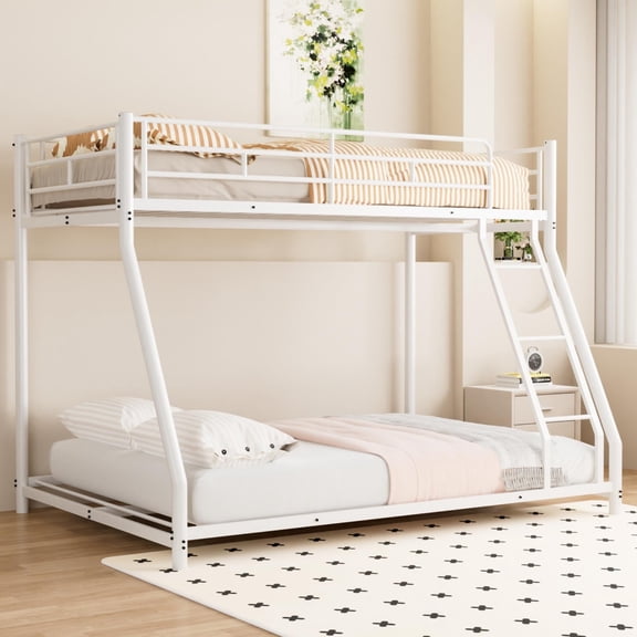 Metal Twin Over Full Size Bunk Bed with Removable Stairs, Heavy Duty Frame, 12" Under-Bed Storage, No Box Spring Needed, White