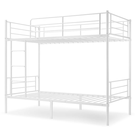 Metal Twin Over Twin Size Bunk Bed Frame with Stairs & Full-Length Guardrail, Space-Saving, White