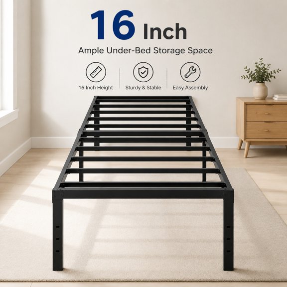 Metal Twin Size Bed Frame - 16 Inch Heavy-Duty Platform Bed Frame, No Box Spring Needed, Easy Assembly, Noise-Free, Sturdy Mattress Foundation with Underbed Storage Space