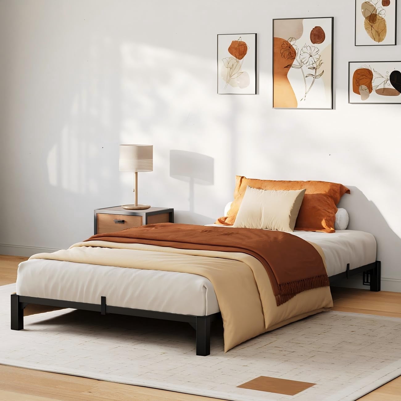 Memoryfield Metal Twin Size Bed Frame, 6" High Platform Bed Frame, Heavy Duty 800Lbs Capacity, No Box Spring, No Screws Needed with Reinforced Slats, Easy Assembly, Black