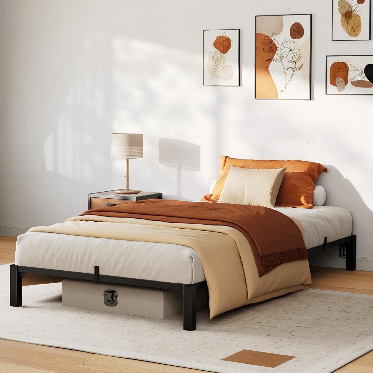 Memoryfield Metal Twin Size Bed Frame, 8" High Platform Bed Frame, Heavy Duty 800Lbs Capacity, No Box Spring, No Screws Needed with Reinforced Slats, Easy Assembly, Black