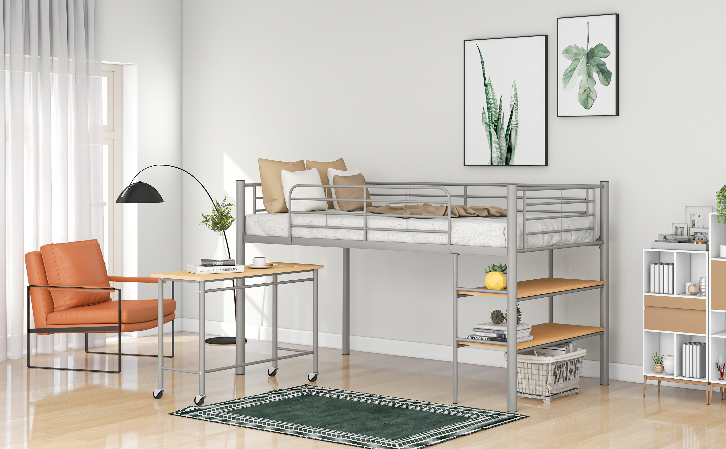 Metal Twin Size Bunk Bed with Movable Desk, Aukfa Kids Twin Size Low Loft Bed with Shelves and Guard Rail, Space Saving Loft Bed Frame, No Box Spring Needed, for Teens/Boys/Girls, Silver - image 1 of 8