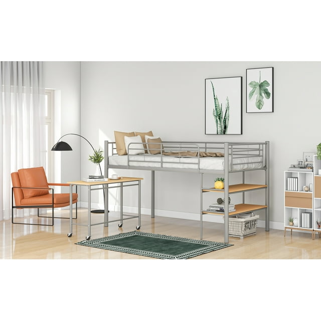 Metal Twin Size Bunk Bed with Movable Desk, Aukfa Kids Twin Size Low Loft Bed with Shelves and Guard Rail, Space Saving Loft Bed Frame, No Box Spring Needed, for Teens/Boys/Girls, Silver
