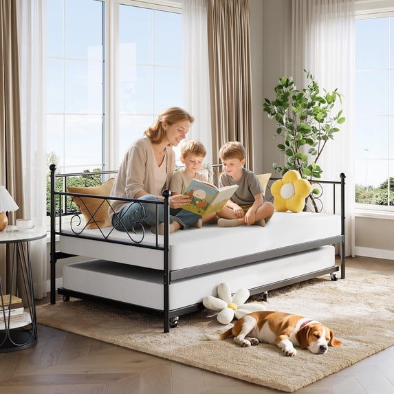 Memoryfield Metal Twin Size Daybed with Trundle, Sturdy Metal Day Bed with Steel Slat Support, for Living Room, Bedroom and Guest Room, Easy Assembly, Black
