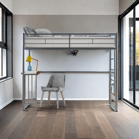 Metal Twin Size Loft Bed with Desk, Heavy Duty Bedframe with Ladder and Safety Guardrail, Space-Saving, Noise Free, No Box Spring Needed