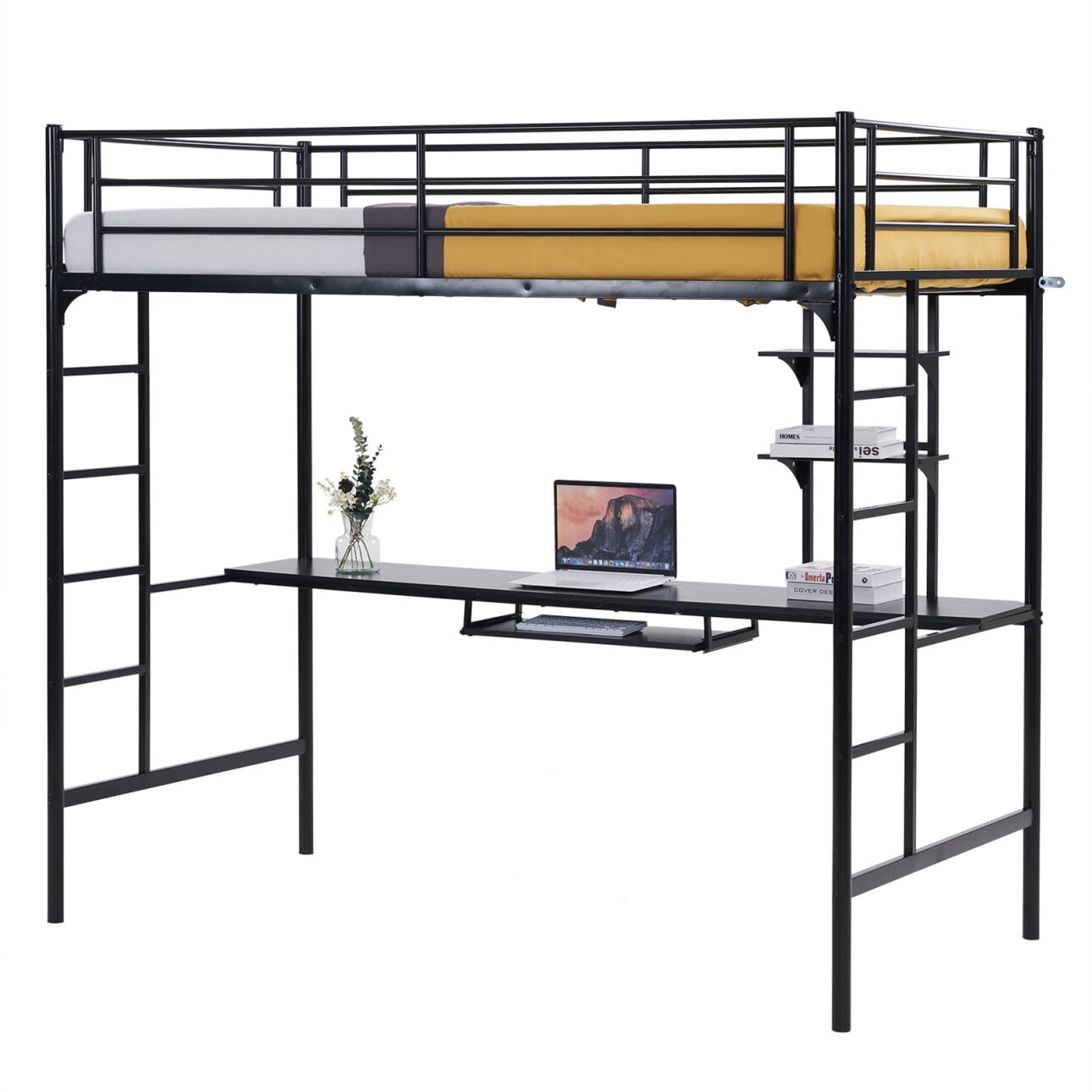 Metal Twin Size Loft Bed with Desk and Storage Shelves, Heavy Duty Loft