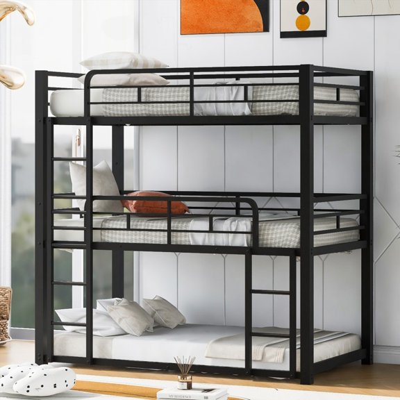 Metal Twin Size Triple Bunk Bed, Black - Solid Metal, No Box Spring