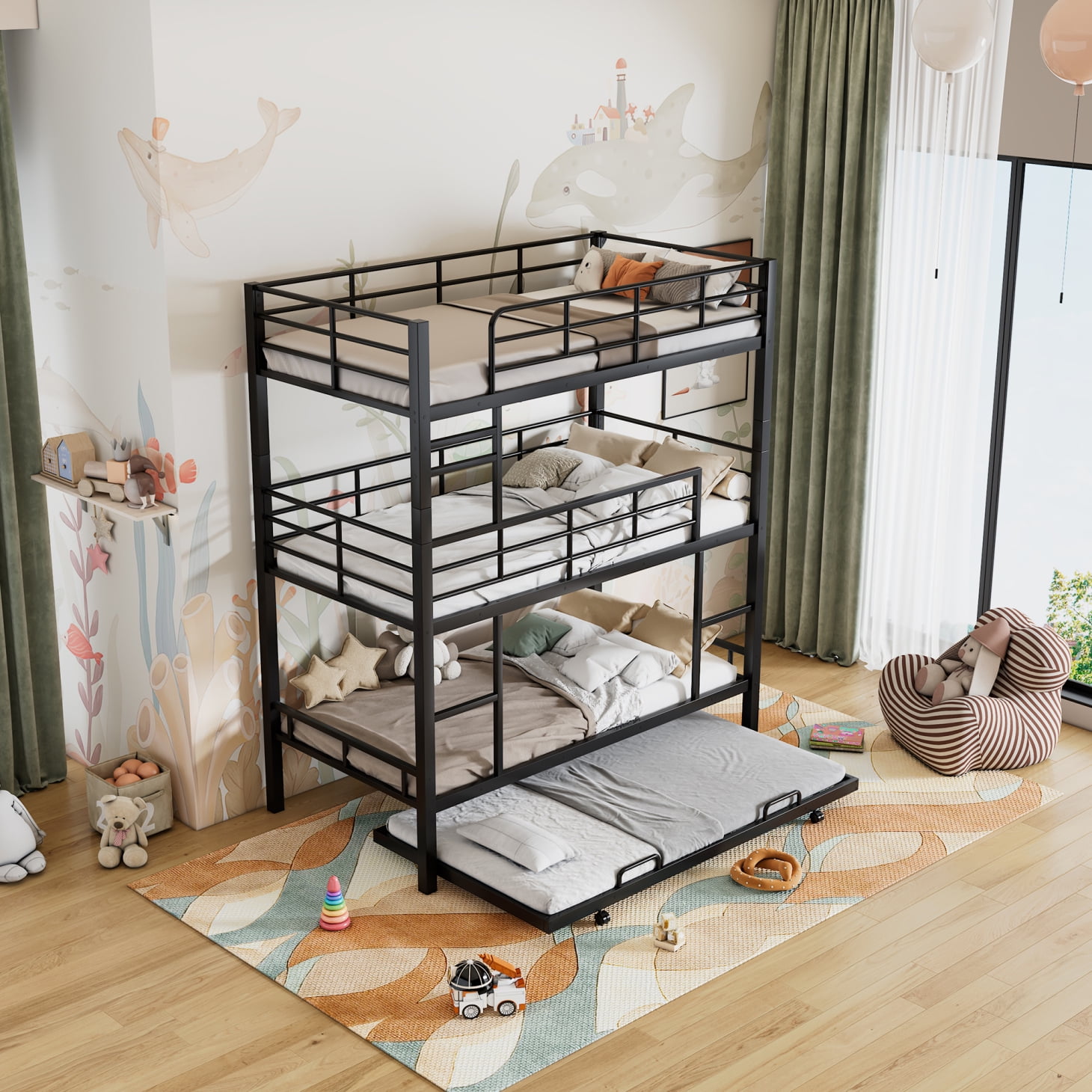 Metal Twin Size Triple Bunk Bed, Twin Size Trundle Bed, Metal Sturdy ...