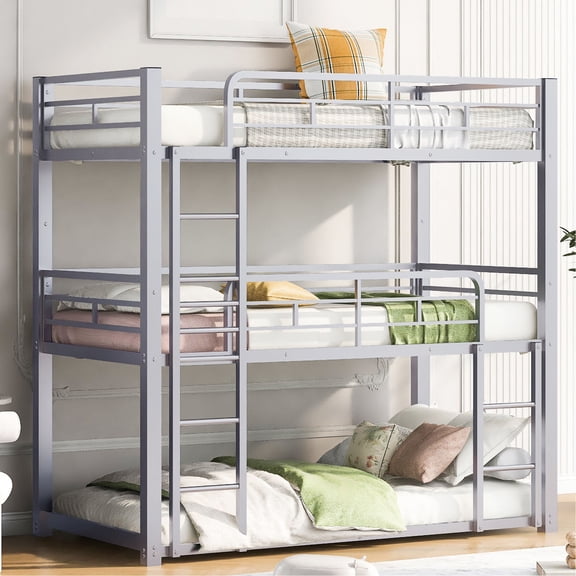 Metal Twin Size Triple Bunk Bed with Slats / Increases Mattress Service Life