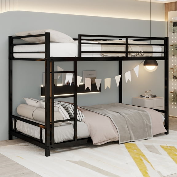 Metal Twin Over Twin Bunk Bed Frame, Heavy Duty Stable Steel Bed with Noise Reduction Design, Safety Guardrail & Built-in 3-Step Ladder, Low Profile Structure, No Box Spring Needed
