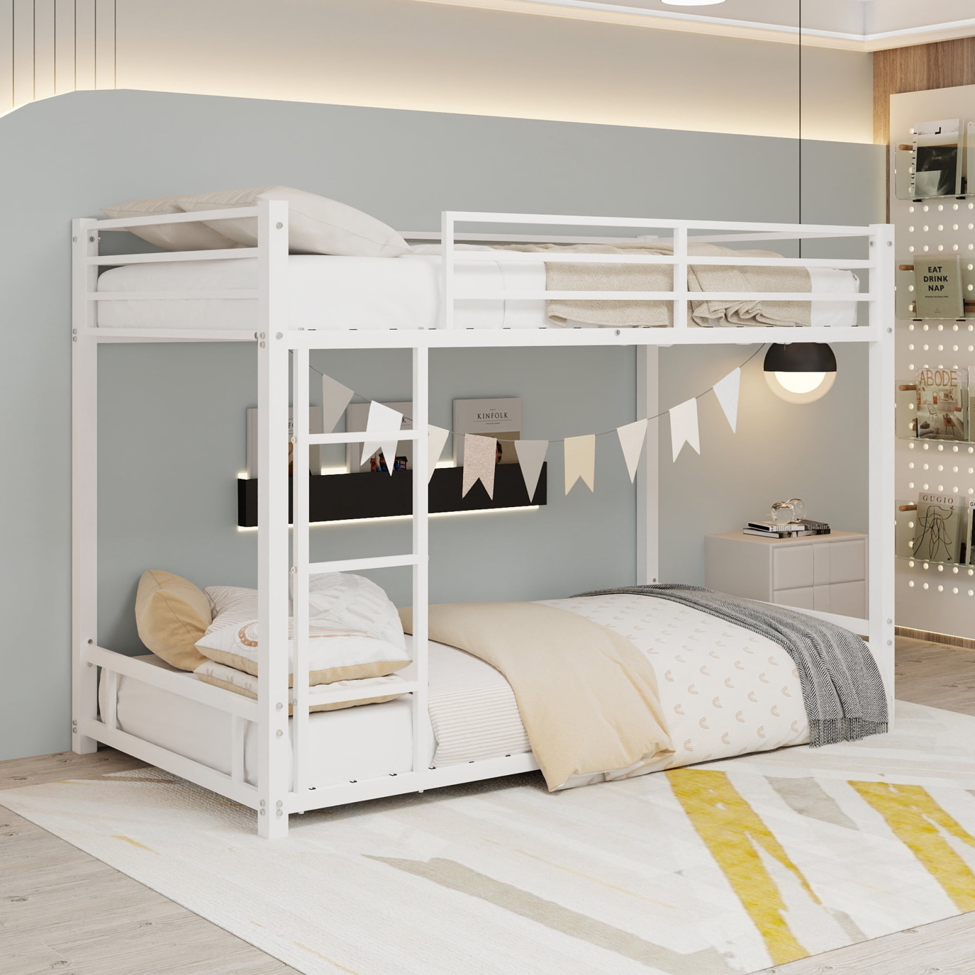 Metal Twin over Twin Bunk Bed with Ladder and Safety Guardrails, Heavy Duty Bunk Bedframe for Kids Teens Adults, Low Bunk Beds for Boys Girls, Noise Free
