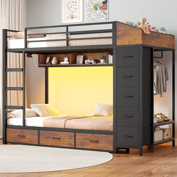 Metal Twin over Twin Bunk Bed with Wardrobe, 8 Storage Drawers, Power Outlets & LED Lights, Space-Saving Bunk Bed Frame with Hall Tree, Guardrail & Ladder for Bedroom, Dorm
