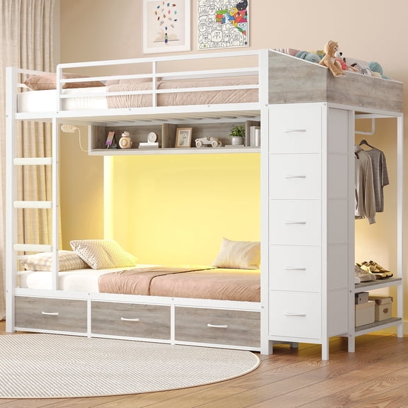 Metal Twin over Twin Bunk Bed with Wardrobe, 8 Storage Drawers, Power Outlets & LED Lights, Space-Saving Bunk Bed Frame with Hall Tree, Guardrail & Ladder for Bedroom, Dorm