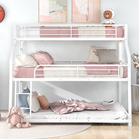 Metal Twin XL/Full XL/Queen Triple Bunk Beds Frame with Long and Short Ladder & Full-Length Guardrail, Space-Saving, No Box Spring Needed, Noise Free