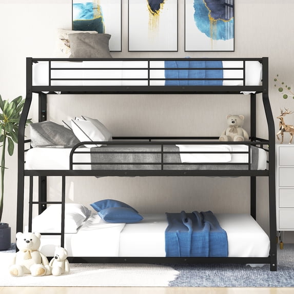 Metal Twin XL/Full XL/Queen Triple Bunk Beds Frame with Long and Short Ladder & Full-Length Guardrail, Space-Saving, No Box Spring Needed, Noise Free