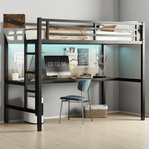 Metal Twin XL Loft Bed with Desk, Space-Saving Design, Power Outlets & LED Lights, Noise Reduced, Sturdy Black Metal Frame, for Teens and Small Rooms
