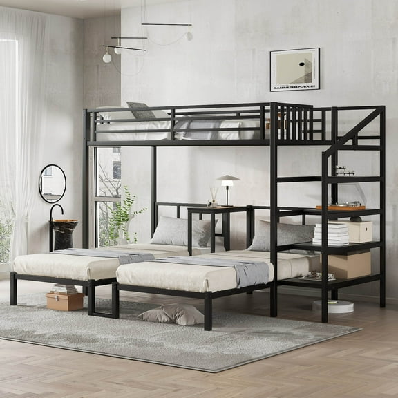 Metal Twin XL over Twin Over Twin Triple Bunk Bed with Desk & Shelves, Space Saving/Noise Reduction, Black