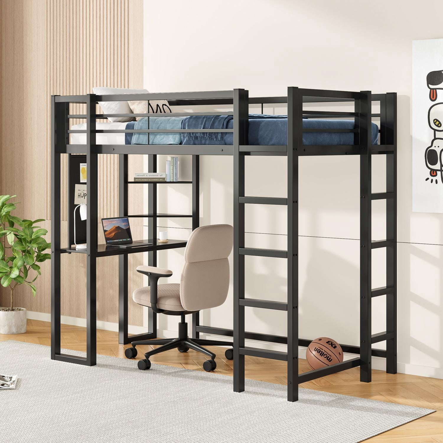 Loft Bed with Desk Twin Size, Metal Loft Bed Frame with Storage Shelves and Bookshelf, Space Saving Loft Bed for Bedroom, Dorm, Home Office, Black