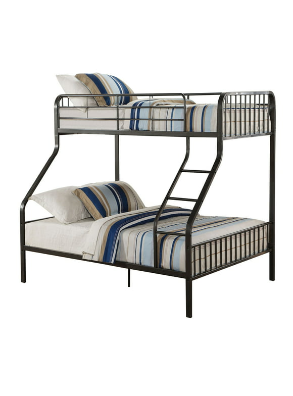 Metal Twin over Queen Size Bunk Bed with Guardrail and Ladder, Gunmetal