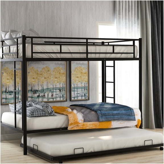 Metal Twin over Twin Bunk Bed with Trundle, Space Saving 3-in-1 Bed Frame, No Box Spring Needed, Sturdy Ladder & Easy-Glide Casters