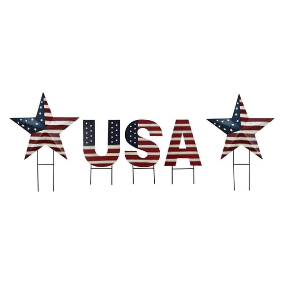 Metal USA Letter Yard Sign with Stake, Patriotic Barn Star Garden Stake Hanging Wall Decor, Outdoor Garden Lawn American Decor for 4th of July Independence Day Memorial Day USA & Star RED WHITE BLUE