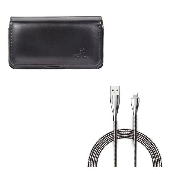 Metal USB Cable & Case Belt Clip for iPhone XR 13 Pro 12 Pro 11 ONLY - 6ft Charger Cord Power Wire + Leather Swivel Holster Loops Combo