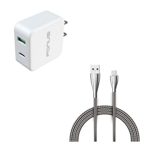 Metal USB Cable & Home Charger for Samsung Galaxy S22,Ultra,S21,Ultra,S20 Ultra,Plus,Fan Edition,FE 5G - 6ft Type-C Charger Cord + 36W 2-Port USB Type-C Port Combo