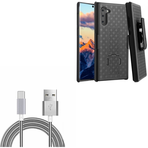 Metal USB Cable w Case Belt Clip for Samsung Galaxy Note 10 Phone - 3ft Type-C Charger Cord Power Wire USB-C, Holster Swivel Cover Kickstand Armor Combo