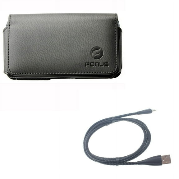 Metal USB Cable w Case Belt Clip for iPhone 8/7/6S/6 - 3ft Charger Cord Power Wire Braided, Leather Swivel Holster Loops Cover for iPhone 8/7/6S/6 Models