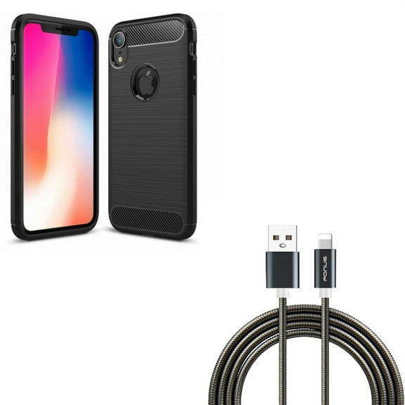 Metal USB Cable w Case for iPhone XR - 3ft Charger Cord Power Wire Sync, Carbon Fiber Slim Fit Cover Reinforced Bumper Shock Absorbent Compatible With iPhone XR