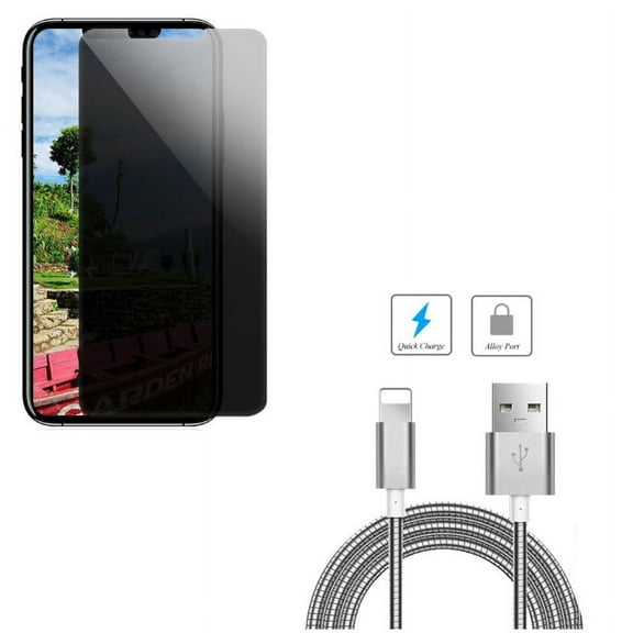 Metal USB Cable w Privacy Screen Protector for iPhone XR - 6ft Charger Cord Power Wire, Tempered Glass Curved Anti-Spy Anti-Peep