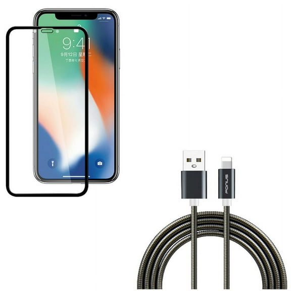 Metal USB Cable w Screen Protector for iPhone XR - 3ft Charger Cord Power Wire, Anti-Glare Tempered Glass Matte 3D
