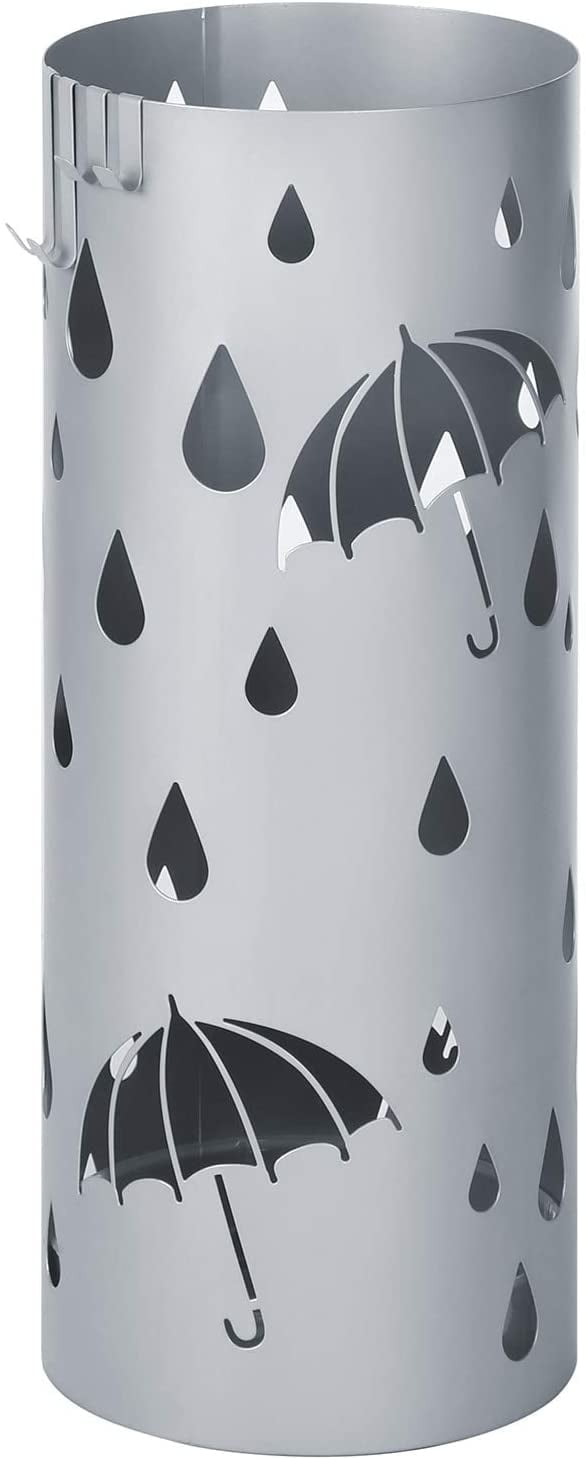 Modern Silver Gray Steel Cylinder Umbrella Holder with Hooks