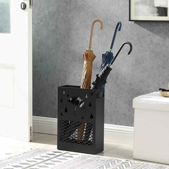 Metal Umbrella Stand, Rectangular Umbrella Holder Rack with Removable Drip Tray, 4 Hooks, Cutout Design, for Entryway, Office, Black