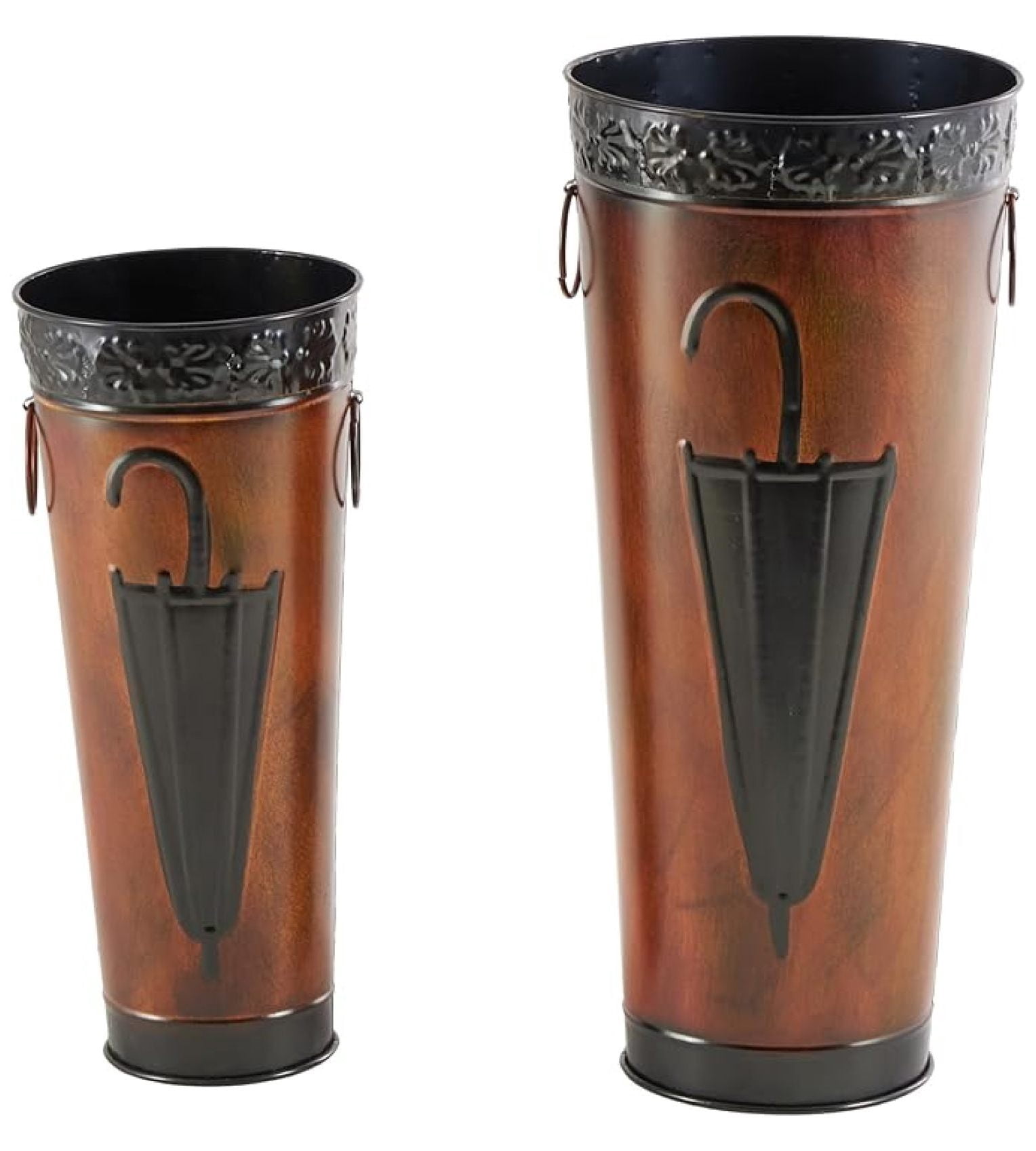 Metal Umbrella Stand with Umbrella Image and Handles, Set of 2 21", 17"H, Brown