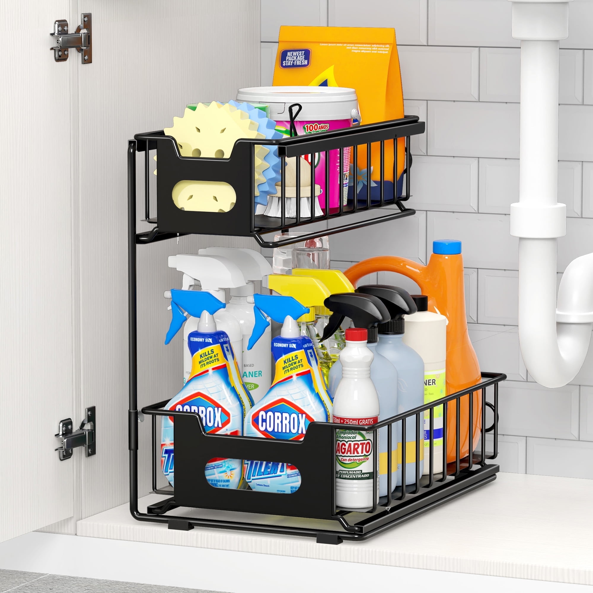 Metal Under Sink Organizers and Storage, L-Shape Pull Out Kitchen ...